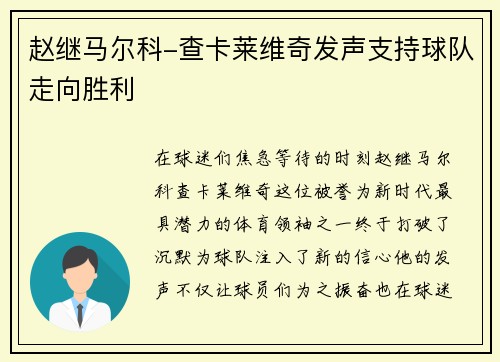 赵继马尔科-查卡莱维奇发声支持球队走向胜利