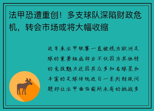 法甲恐遭重创！多支球队深陷财政危机，转会市场或将大幅收缩