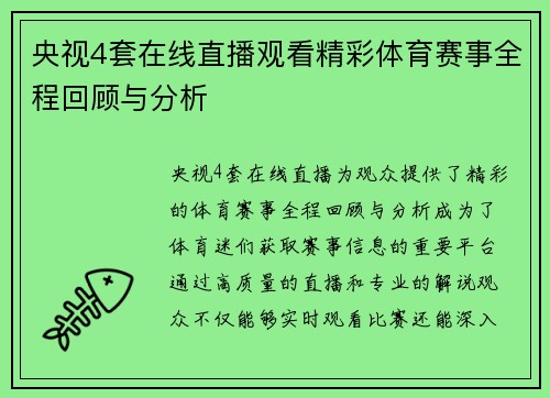 央视4套在线直播观看精彩体育赛事全程回顾与分析