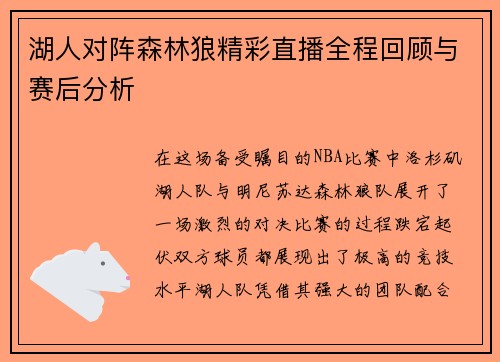 湖人对阵森林狼精彩直播全程回顾与赛后分析